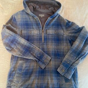 L.L.Bean plaid hooded flannel jacket/shirt with quarter zip and front pockets